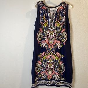 New York & Company Blue Fitted Print Dress